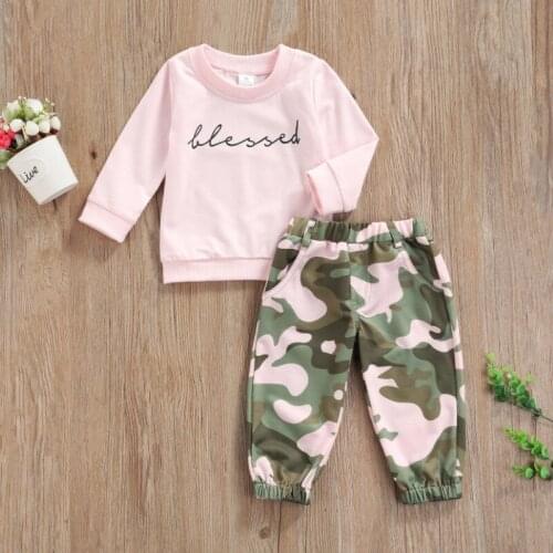 2 Pieces Kids Suit Set Autumn, Letter Print O-Neck Long Sleeve Tops+ Camouflage Print Long Pants for Girls