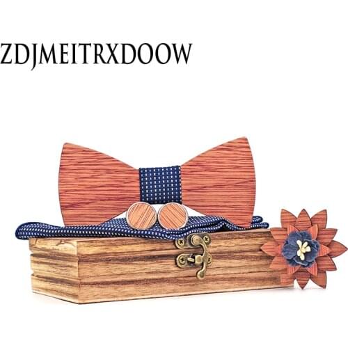 Fashion Novelty Wooden Bow Tie Mens Fashion Floral Wood Bowtie Suit Wedding Party Handmade Cufflinks Cravat Neck Ties Sets T356