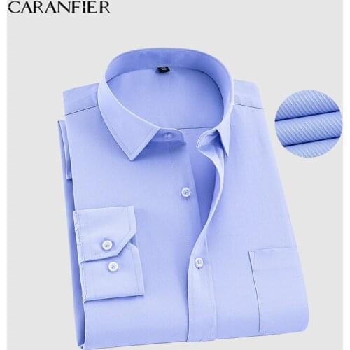 CARANFIER New Mens Work Shirts Brand Soft Long Sleeve Square Collar Regular Striped /twill Men Dress Shirts White Male Tops