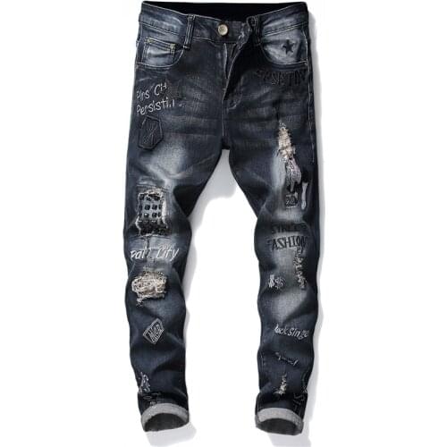 Men Jeans Distressed Letters Embroidery Decoration Black Denim Trousers Fashion Slim Straight Leg Pants 2020 Street Male Wear