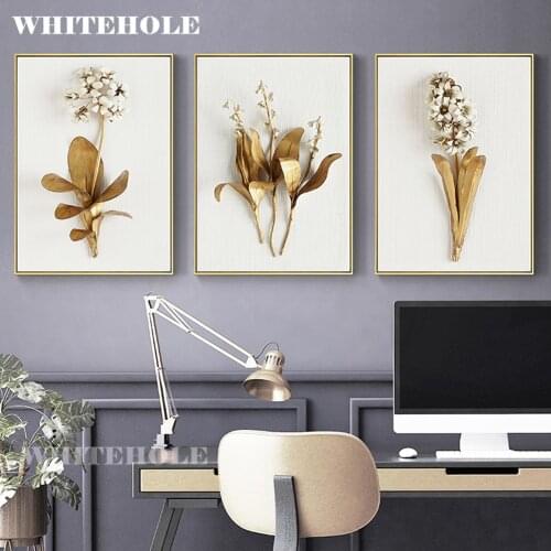 Wall Art Canvas Painting 3D Flower Picture Posters and Prints,Golden Flowers Poster Wall Pictures For Living Room Home Decor