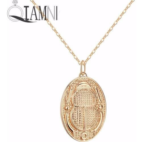 QIAMNI Ancient Egyptian Necklace Hieroglyph Cartouche Scarab Beetle Insect Charm Pendant Necklace Collier Femme Handmade Jewelry