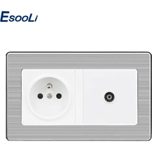 Esooli French Standard Wall Socket + Female TV Outlet Stainless Steel Brushed Panel Power Socket Grounded 16A