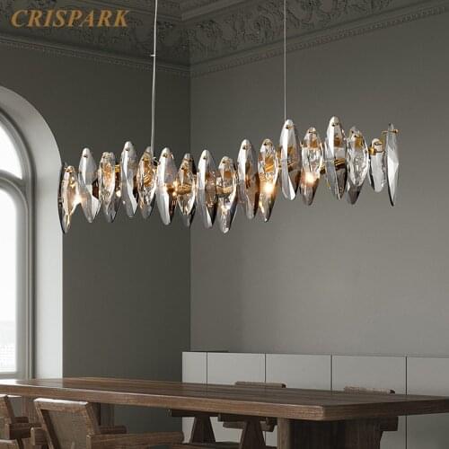 Smoke Gray Crystal Modern Chandelier Lighting LED Nordic Long Cristal Hanging Lamp Art Deco Indoor Kitchen Island Dining Table