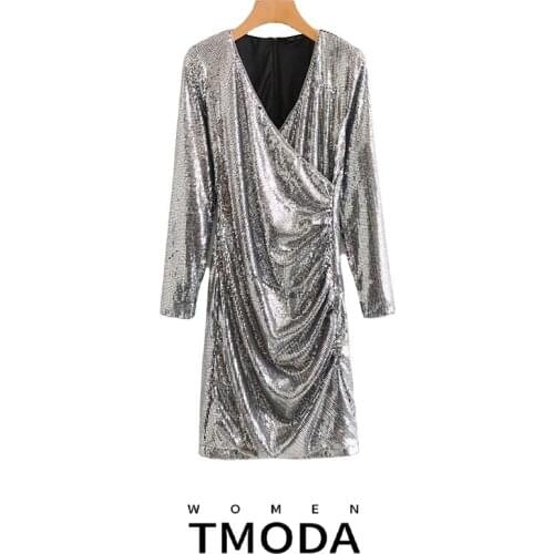 TMODA241 2021 Autumn Winter Silver Sequined Sexy V-Neck Midi Dress For Women Long Sleeve High Waist Evening Party Dresses Female