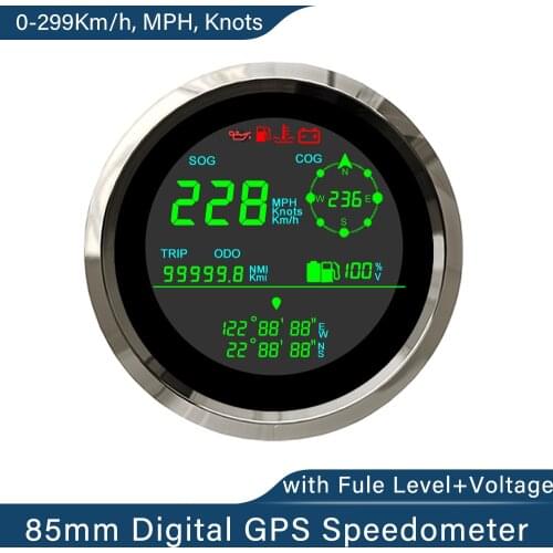 Universal 85mm Digital GPS Speedometer 0-299km/h MPH Knots Trip Odometer COG Fuel Level Gauge Voltmeter for Boat Truck Motorbike