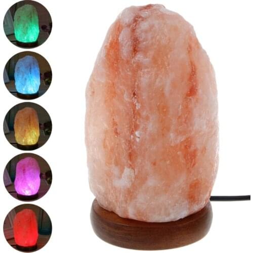 USB Salt Lamp Natural Shape Hand Carved Wooden Base Crystal Rock Colors Changing Night Light