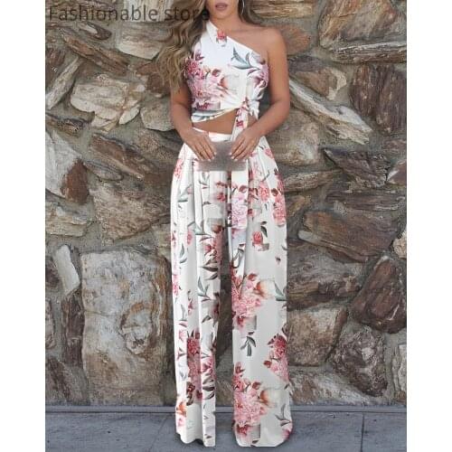 Women Two-Piece Set One Shoulder Floral Print Top & High Waist Wide Leg Pant Sets