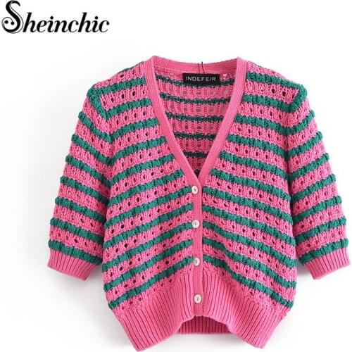 Korean Fashion Striped Tops Mujer 2021 Spring Summer V-neck Loose Casua Knitted Cardigan Women Sweater Female