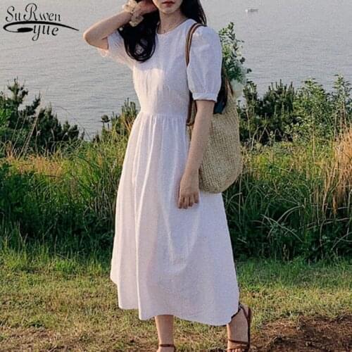 2021 Korean Summer Gentle Dresses for Women Elegant Chic Solid Cotton White O-Neck Dress Sweet French Party Dress Vestidos 14148