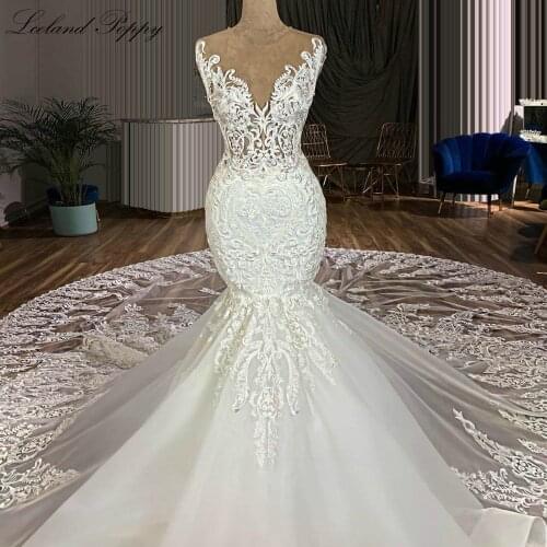 Lceland Poppy Elegant Lace Mermaid Wedding Dress 2021 Sleeveless Vestido de Novia Bridal Gowns with Cathedral Train