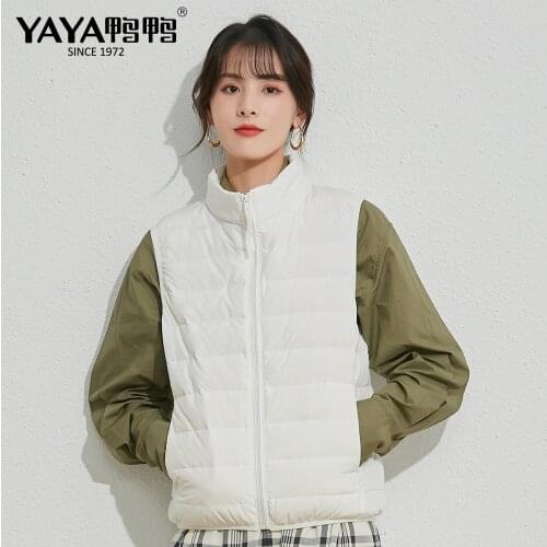 YAYA 2021 New Spring Autumn Womens Short Lightweight Down Vest Coat Solid Stand Collar Warm Casual Female Sleeveless Jacket