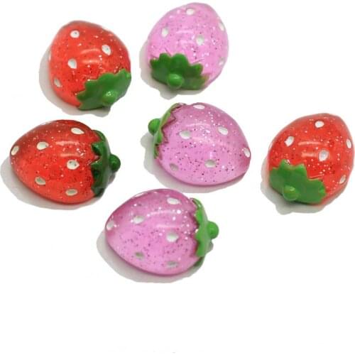 100/50 pcs Wholesale Resin Glitter Strawberry Cabochons Plastic Flatback Strawberry Cabochons Red Pink Strawberry Fruit Char