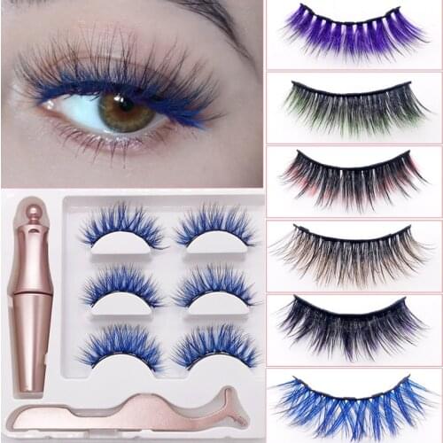 3 Pairs Colored Magnetic False Eyelashes Waterproof Eyeliner Tweezer Set Thick Colorful Magnetic Fake Eyelashes Wholesale Lashes