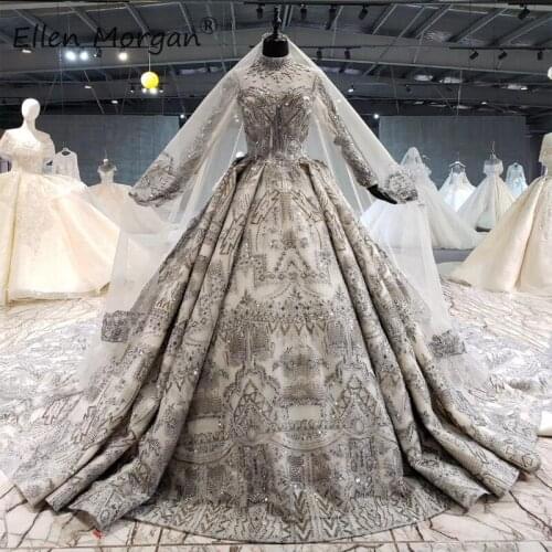 Sparkling Long Sleeves Ball Gowns Evening Dresses 2020 High Neck Lace up Arabic Dubai Luxury Occasion Event Formal Party Gowns