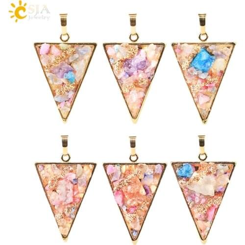 CSJA Natural Gem Stone Druzy Pendants Necklace Irregular Quartz Beads Mixed Colorful Healing Golden Pizza for Women Jewelry G748