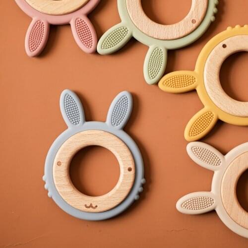 Wooden Teether Rattle Toys Silicone Rabbit Ring BPA Free Nursing Accessories Chewable Rattle Teething Soother Molar Toys Gifts