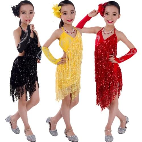 Kids Girls Sparkling Sequin Latin Dancing Dresses Children Tassel Skirt Latin Dance Costumes 4-12 Years