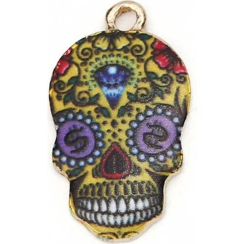 DoreenBeads Zinc Based Alloy Halloween Charms Skull Gold Multicolor Flower Enamel DIY Findings 22mm( 7/8") x 12mm( 4/8"), 10 PCs