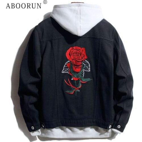 ABOORUN Rose Embroidery Denim Jackets Mens Color Contrast Patchwork Casual Autumn Trend Coat for Male