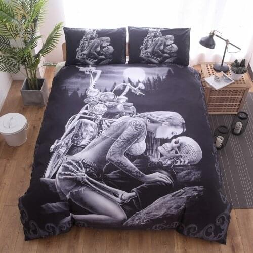 YuXiu Bedding Sets 3D Lovers Skull Motorcycle Printed Duvet Covers Set Black Bed Linen Quilt Cover King Queen Full Twin Double
