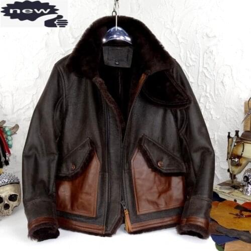 Retro Shearling Leather Jacket Men Winter Thick Warm Real Fur Biker Short Coat Luxury Splice 100% Cowhide Casual Outerwear