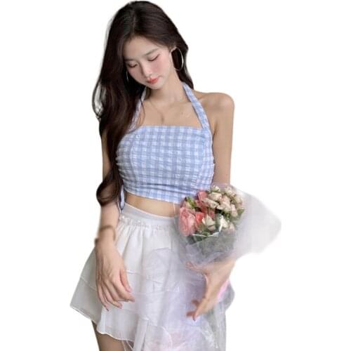 Summer Korean Cute Womens Plaid Halte Lace-Up Slim Vest Crop Top Haut Femme Yellow/Blue Tanks Camis