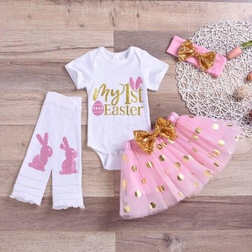 Cute My 1st Easter Newborn Baby Girl Clothes Short Sleeve Tops Romper Tutu Skirt Outfits 4PCS Sets 0-12M