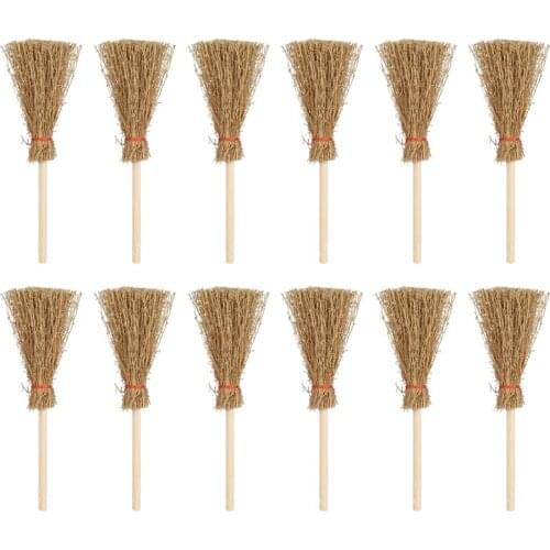 12pcs Mini Broom Costume Hangings Decorations Toys With Red Rope Straw Broom Wizard Accessory For Halloween Party