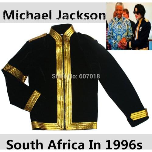 MJ Michael Jackson South Africa Nelson Mandela Tour Black Military Casual Dress Jacket Golden Sleeve Halloween Clothing in 1996s