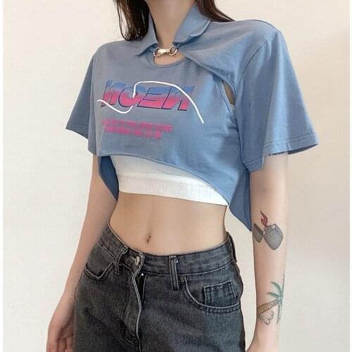 Fall 2021 New Womens Pure Color Slim Body Navel Fashion Printed Lapel Short Sleeve Two-Piece Girl Nightclub Dance Clothes