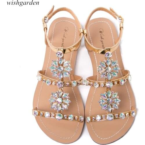 NEW Women`s summer bohemia diamond sandals Lady beach Leather Rhinestone shoes Wanmen Boho peep toe shoes Plus Size