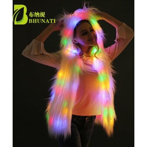 Autumn Winter New White Color LED Lights Hooded Faux Fur Vest Coat Jacket Halloween Christmas Party Stage vests