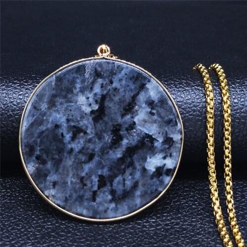 N2021 Natural Black Flash Stone Stainless Steel Necklace Women Round Long Big Pendants Necklaces Jewelry colgantes mujer NXS04