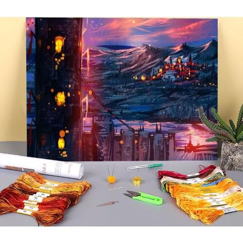 Scenery Pink Sky Printed Water-Soluble Canvas 11CT Cross Stitch DIY Embroidery Patterns DMC Threads Hobby Decor