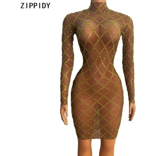 Transparent Gold Rhinestone Mesh Dress Prom Birthday Celebrate Sexy Outfit Women Club Dance Singer Show Short Dress