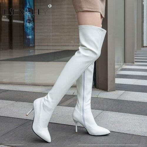 Lsewilly Stretch Over the Knee Boots Women Stiletto Thin High Heels White Thigh High Boots Zipper Woman Point Toe Party Shoes