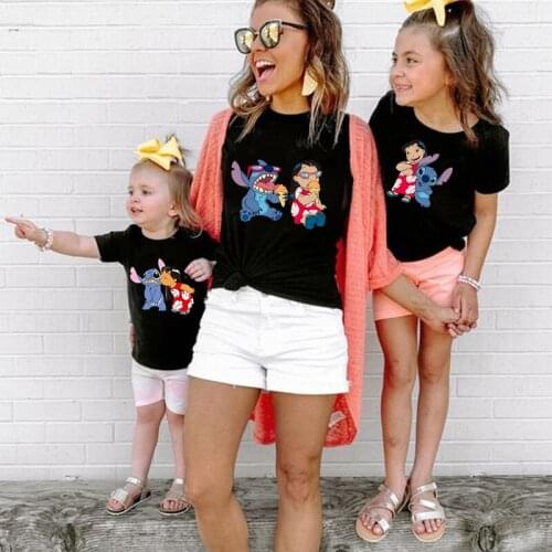 Family Matching Outfits Disney Lilo Stitch Cartoon T-shirt Top Women Baby Summer Female Tshirt Black O-neck Ohana Stitch Hot Tee