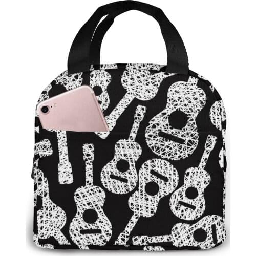 Classic Acoustic Guitars Music Theme Lunch Bag Portable Insulated Thermal Cooler Bento Lunch Box Tote Picnic Storage Bag Pouch