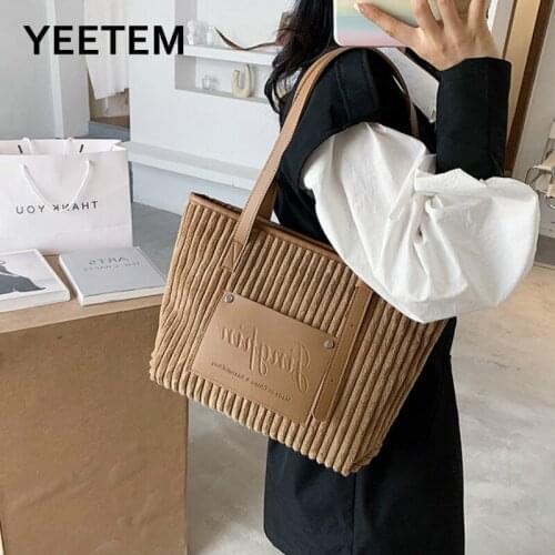 Women Patchwork Shoulder Bag Soft Plush Stripes Design New Satchels Cloth Fabric Tote For Ladies Corduroy Leather Handbag Female