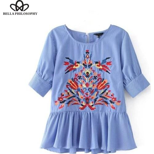 Bella Philosophy 2018 Autumn Blouse Shirt Women Floral Embroidery Stripe Short Sleeve Shirt Female Casual Trim Button Tops