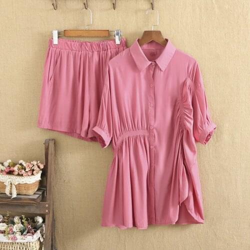 Plus Size Women Clothing Two Piece Set Lapels Short Sleeves Shirt Elastic Waistline Shorts Large Size Asymmetry Summer Suit