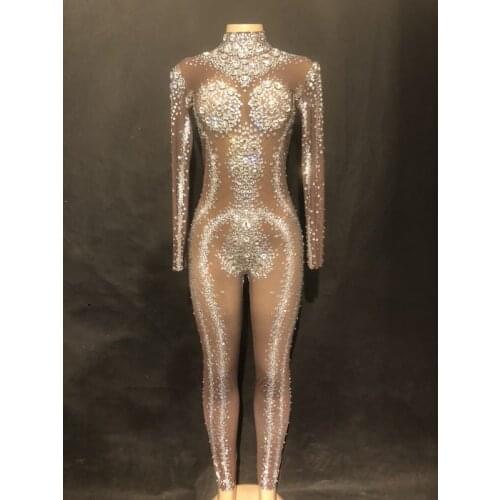 Womens Birthday Bodysuit Sparkly Rhinestones Stretch Brown Jumpsuit Nightclub Celebrate Outfit Female Singer Dance Stones Wear