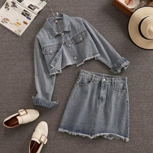 Fall Winter Fashion Streetwear Denim Two Piece Set Women Crop Top Short Cowboy Jacket Coat + Mini Skirts Sets Casual 2pcs Suits