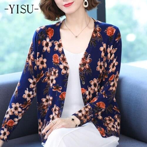 YISU Women Cardigans Sweater V-Neck Fashion printing Knitted Coat Cardigan Single Breasted Casual Knit Jacket Sweater 2021