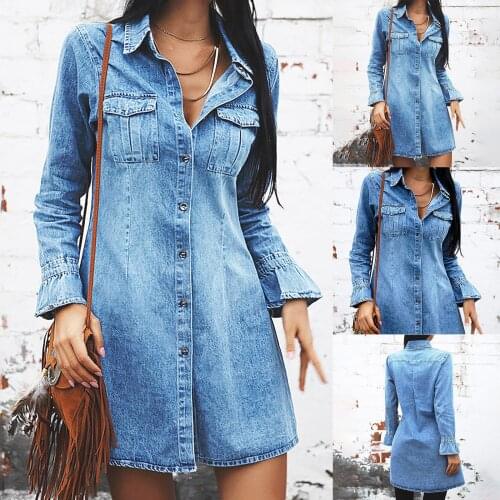 Fashion Summer Blue Denim Dress Sexy Plus Size Turndown Neck Long Sleeve Dress Jean Casual Dress Vestidos De Mujer Casual 2021