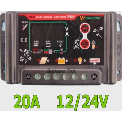20A 12V 24V SL02B-20A lithium LiFePO4 battery Solar Charge Controller Regulator voltage adjustable with 5V USB