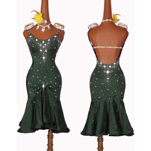 Shiny Rhinestone Latin Dance Dresses For Women Deep Green Sexy Rumba Tassel Skirt Evening Dress Ballroom Competition Clothing