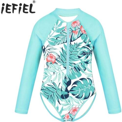 Kids Girls Children Swimwear Long Sleeves Floral Printed One-Piece Zippered Swimsuit Beachwear Swimming Bathing Suit Rash Guard