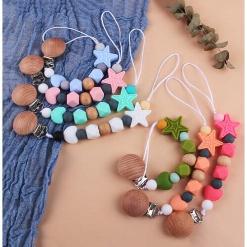 Handmade Wooden Silicone Beads Baby Pacifier Chain Clip Personalized Name Safe Teething Chew Teether Pacifier Chains Holder